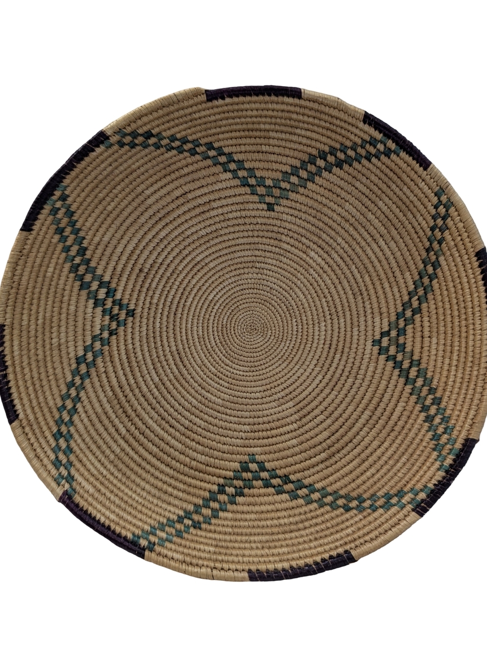 Hand-Woven Natural Coil Spiral Basket Bowl Geometric Star 9.5" Beige Green
